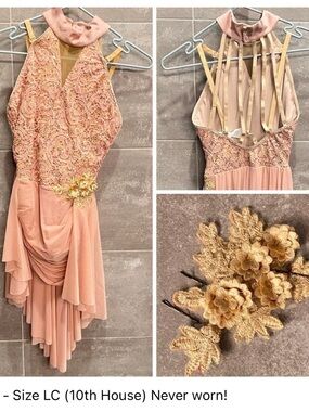 Lace Pink Dance Costume Dress with Gold Floral Accent